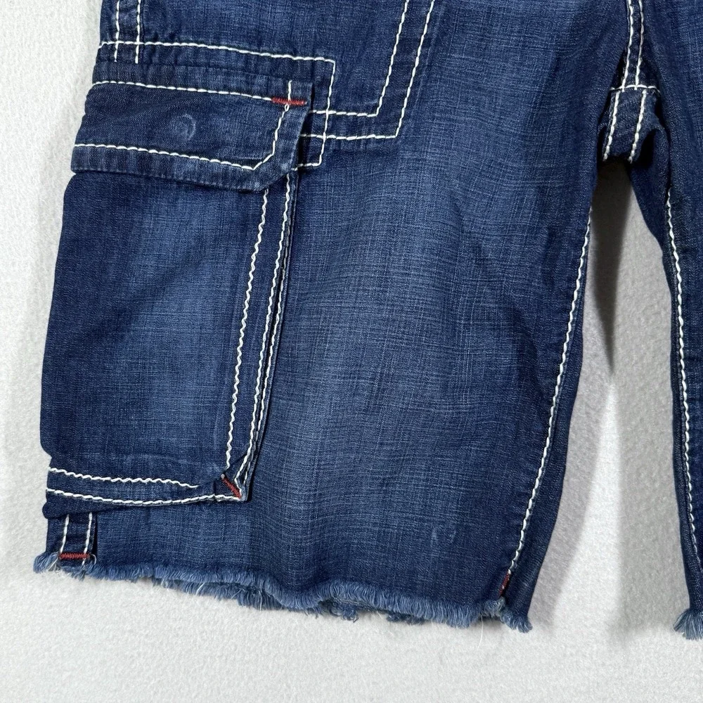 True Religion Cargo Shorts Men 36 Big T Red Stitch Denim Cut Off Drawstring Jean
